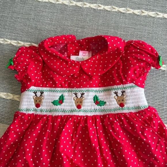 NWT Christmas Smocked Polka Dot Dress Size 9 months Red Festive Reindeer Collar - Picture 2 of 3
